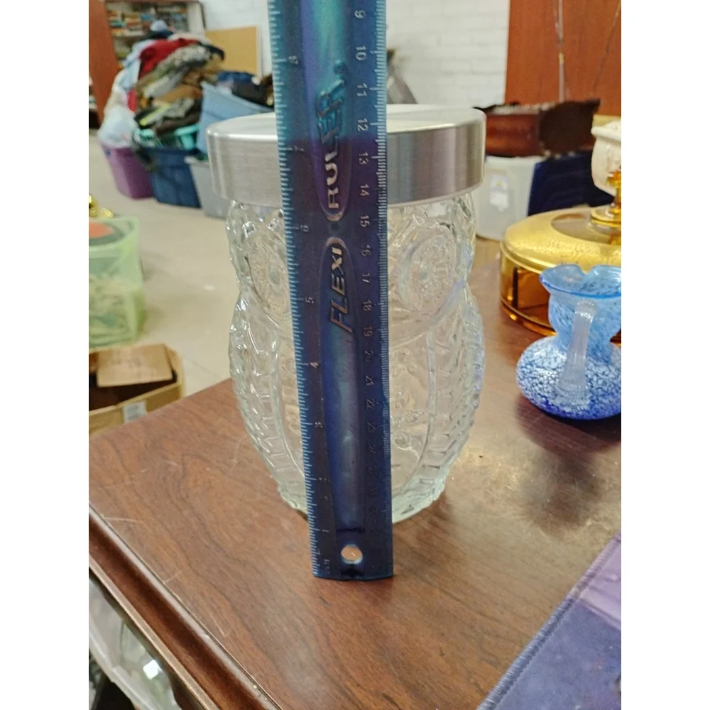 Clear Glass Owl Canister Jar 7” Holds 5 Cups or 40 Ounces Vintage. Metal Lid